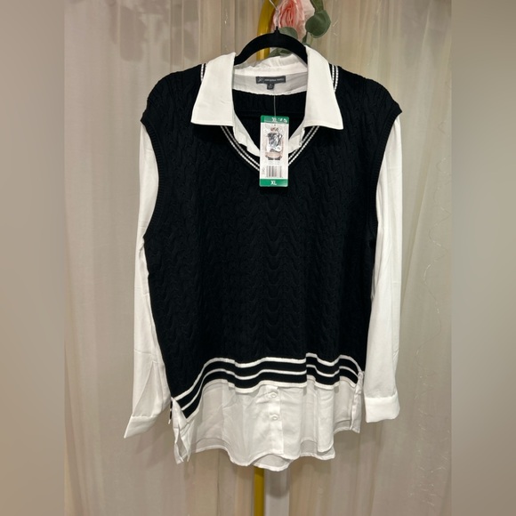 Adrianna Papell Tops - Adrianna Papell Layered Sweater Vest Blouse XL Black White Preppy knit top NWT